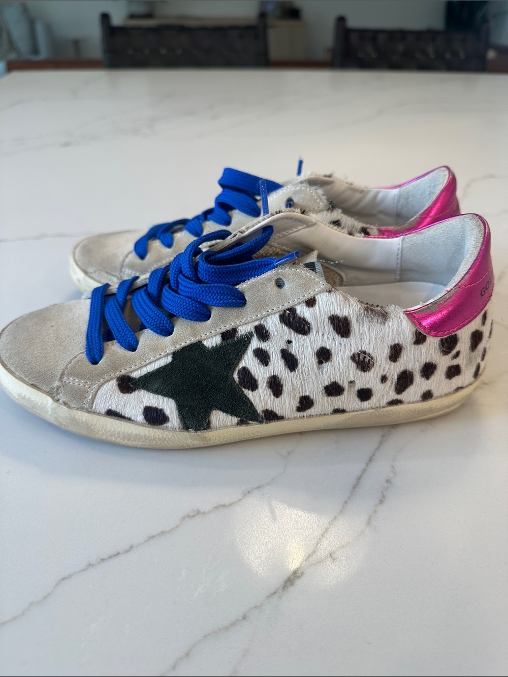 Golden Goose Superstar Dalmatian-Print Sneakers with Blue Laces & Pink Heel